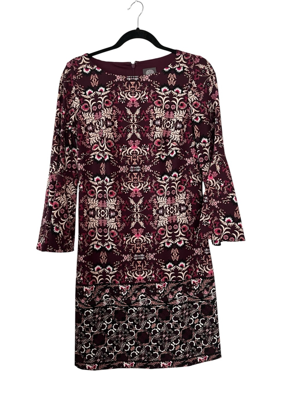 Vince Camuto Sz4 Burgundy Floral Stretch Shift Dress, Tulip Sleeves